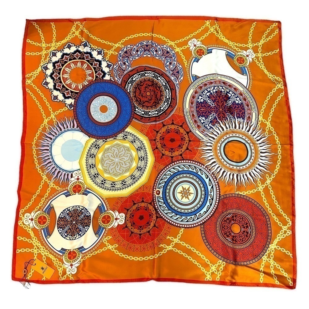 Wensli silk scarf. 35x35. Orange, red and yellow. In original box with tags.